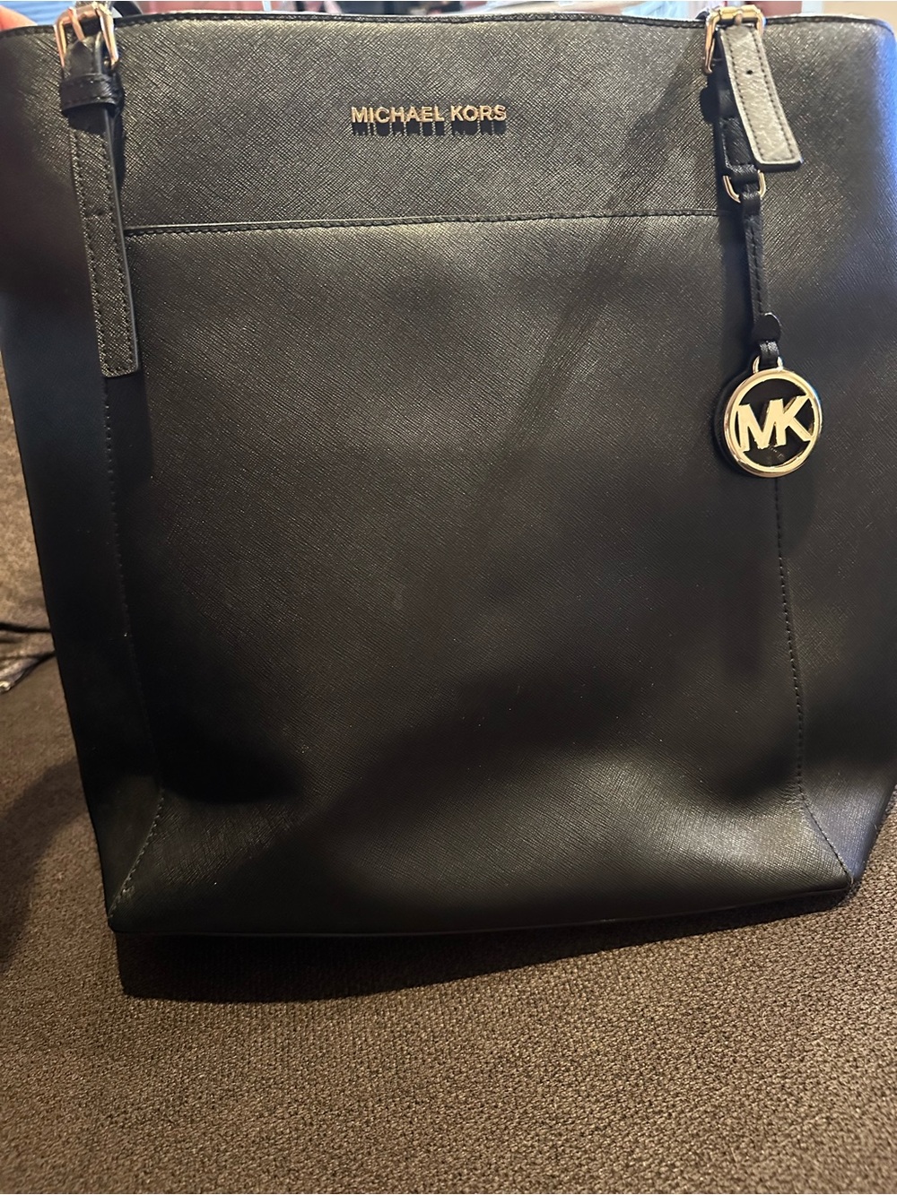 Michael Kors Black Leather Messenger Tote with Gold MK Charm